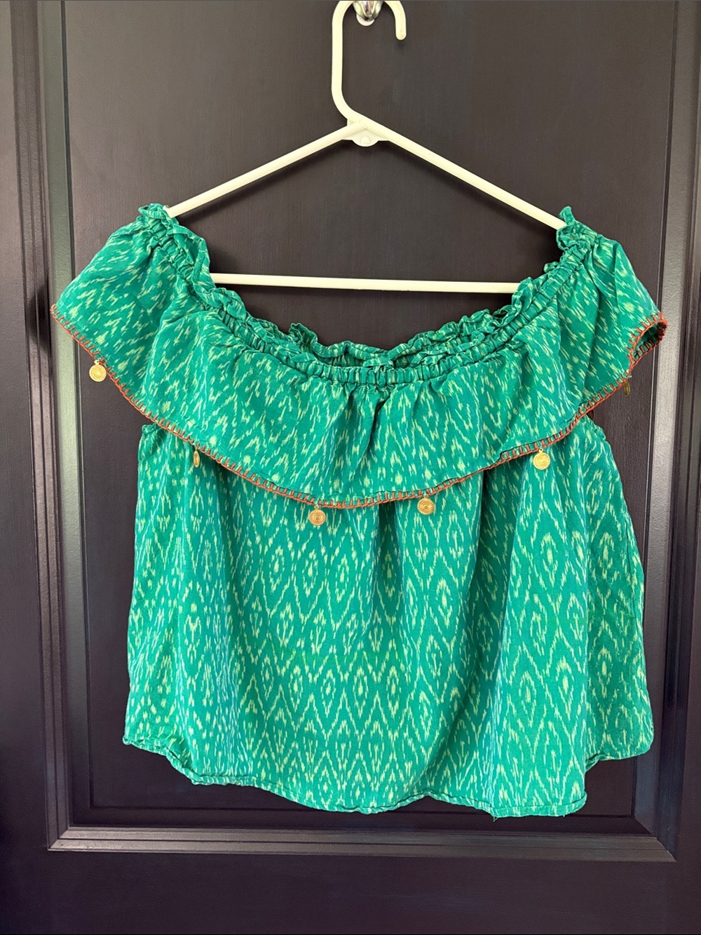 Turquoise Ikat Off Shoulder Boho Blouse Gold Coin Charm Ruffle Top Medium